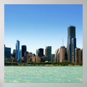 Uitzicht van Chicago skyline van het Michiganmeer Poster