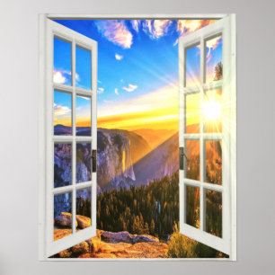 Uitzicht van de bergzondagsopstand Trompe l'oeil F Poster