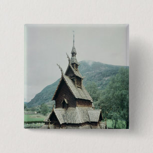 Uitzicht van de Borgund-kerk, c.1150 Vierkante Button 5,1 Cm