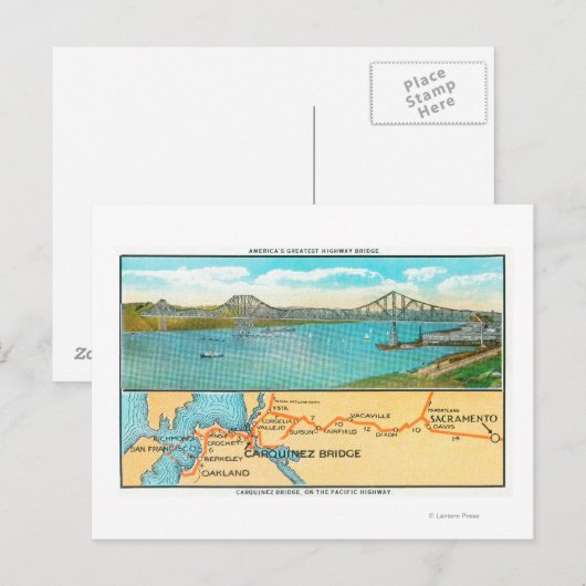 Uitzicht van de Carquinez-brug en -kaart Briefkaart (Voorkant / Achterkant)