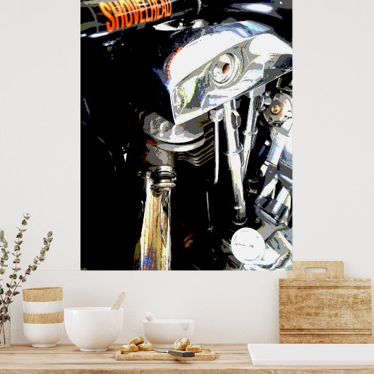 Uitzicht van de Classic Shovelhead Harley Motor Poster (Keuken)