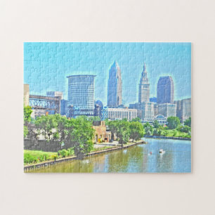 Uitzicht van de Cleveland Ohio (verfeffect) Puzzle Legpuzzel