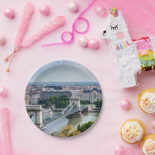 Uitzicht van de kettingbrug in Boedapest, Hongarij Papieren Bordje (Feest)