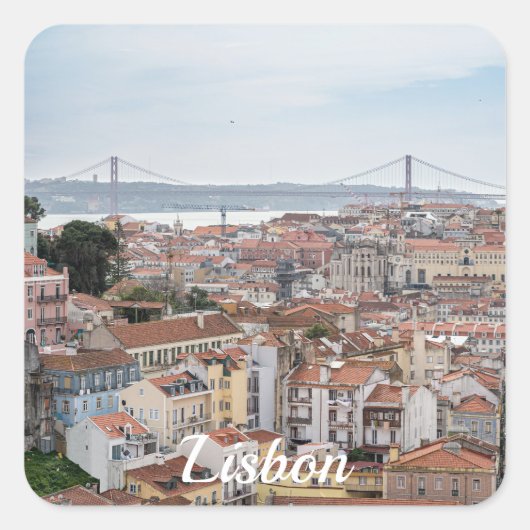 Uitzicht van de oude stad Lissabon en 25 april bru Vierkante Sticker (Voorkant)