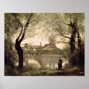 Uitzicht van de stad en de kathedraal van Mantes Poster