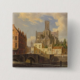 Uitzicht van de stad met figuur in een kanaal vierkante button 5,1 cm