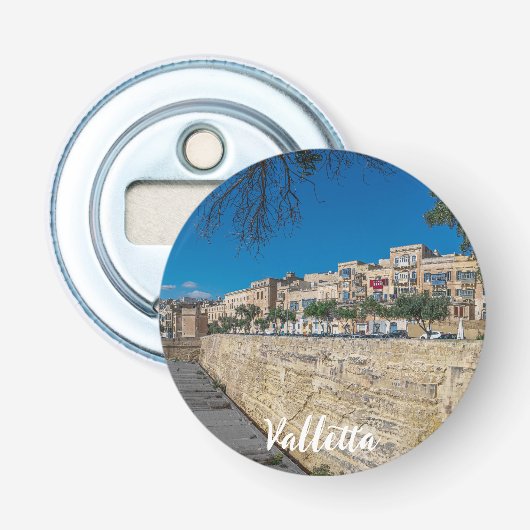 Uitzicht van de stadsmuur en de haven in Valletta Button Flesopener (Voorkant)