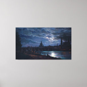 Uitzicht van Dresden door Moonlight, Johan C Dahl Canvas Afdruk