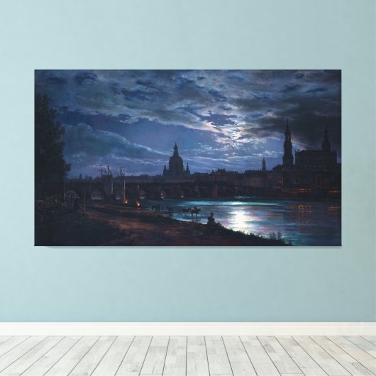 Uitzicht van Dresden door Moonlight, Johan C Dahl Canvas Afdruk (Insitu (Houten vloer))