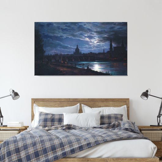 Uitzicht van Dresden door Moonlight, Johan C Dahl Canvas Afdruk (Insitu (Slaapkamer))