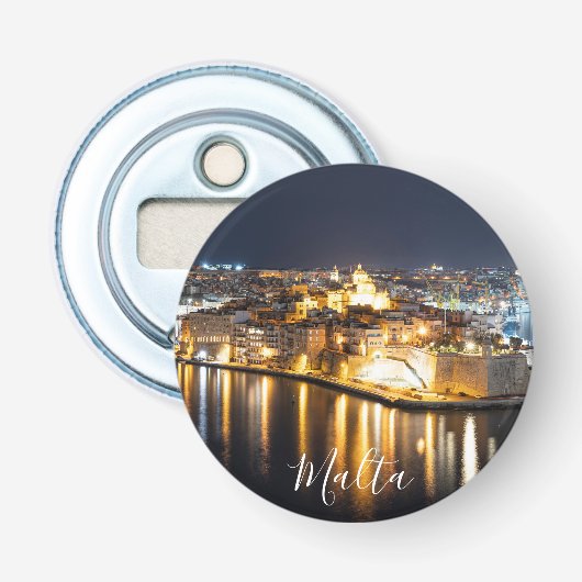 Uitzicht van drie steden op Malta 's nachts Button Flesopener (Voorkant)