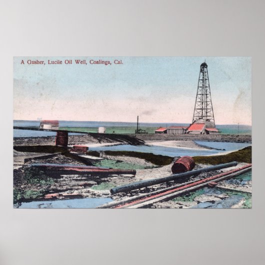 Uitzicht van een Gusher bij Lucile Oil Well Poster (Voorkant)