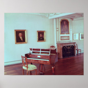 Uitzicht van een kamer met een grote piano poster