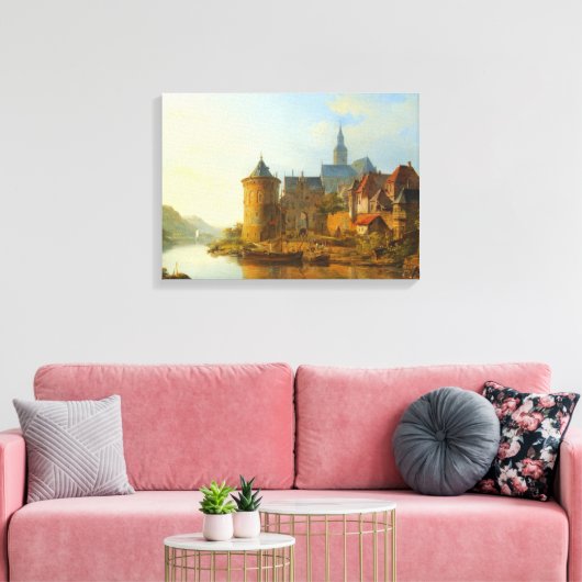 Uitzicht van een Nederlandse stad langs de Rijn Canvas Afdruk (Insitu (Woonkamer))