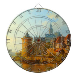 Uitzicht van een Nederlandse stad langs de Rijn Dartbord