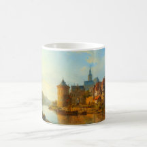 Uitzicht van een Nederlandse stad langs de Rijn