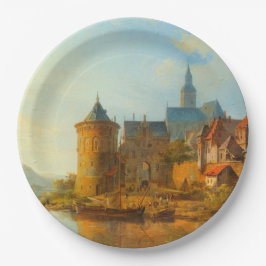 Uitzicht van een Nederlandse stad langs de Rijn Papieren Bordje