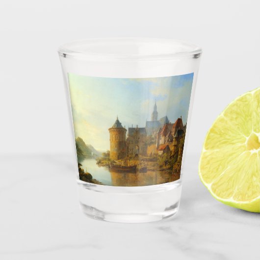 Uitzicht van een Nederlandse stad langs de Rijn Shot Glas (Voorkant)