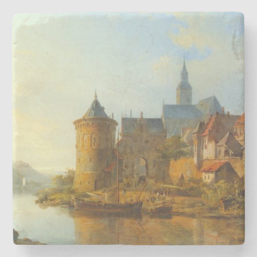 Uitzicht van een Nederlandse stad langs de Rijn Stenen Onderzetter (Voorkant)