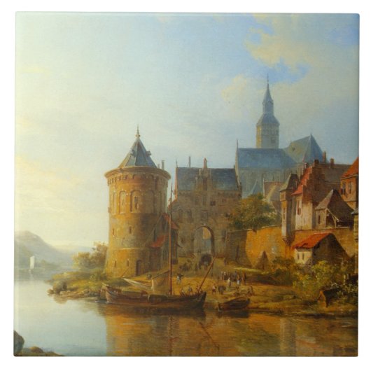 Uitzicht van een Nederlandse stad langs de Rijn Tegeltje (Voorkant)