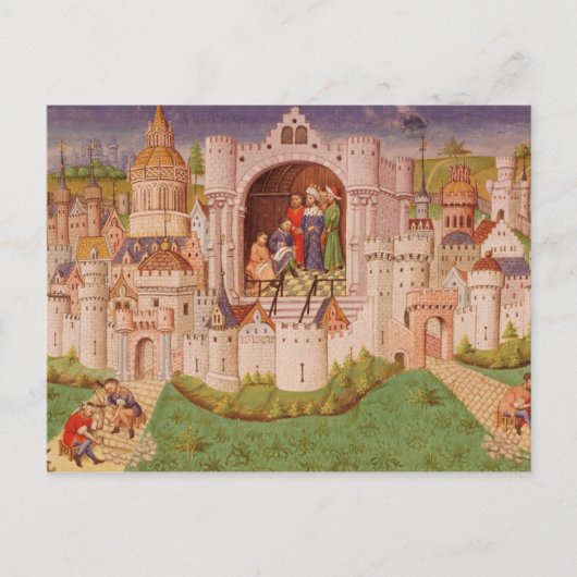 Uitzicht van een stad met arbeiders die wegen verh briefkaart (Voorkant)