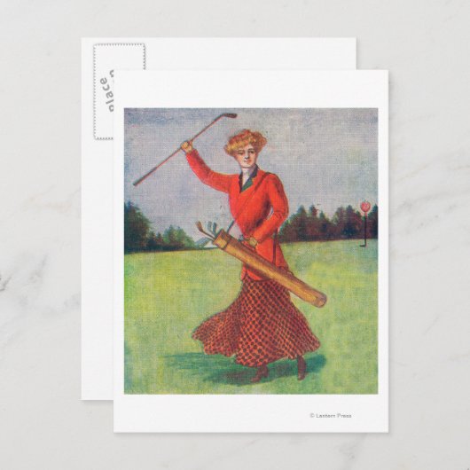 Uitzicht van een vrouw in Red Golfing Briefkaart (Voorkant / Achterkant)