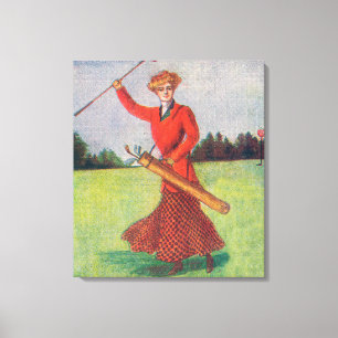 Uitzicht van een vrouw in Red Golfing Canvas Afdruk
