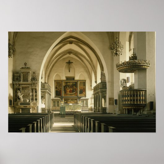 Uitzicht van het binnenland van de kerk met poster (Voorkant)