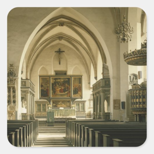 Uitzicht van het binnenland van de kerk met vierkante sticker (Voorkant)