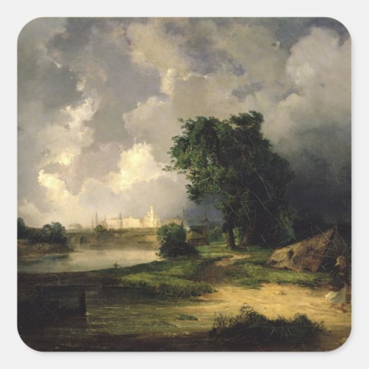 Uitzicht van het Kremlin in Bad Weather, 1851 Vierkante Sticker (Voorkant)
