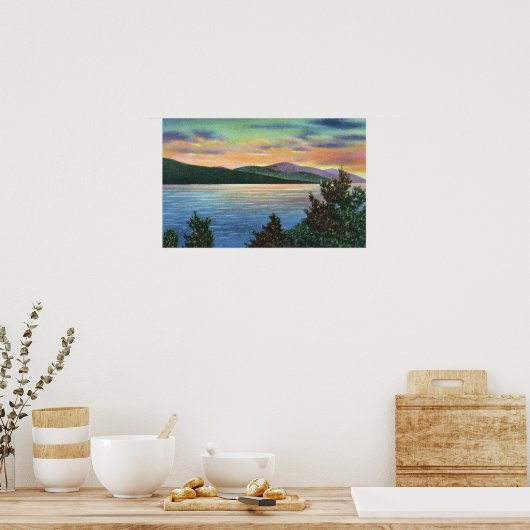 Uitzicht van het meer Sunrise van Buck Mountain Poster (Keuken)