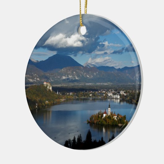 Uitzicht van het meer van Bled uit Ojstrica Keramisch Ornament (Links)