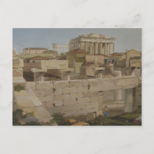 Uitzicht van het Parthenon van de Propylaea, bord  Briefkaart