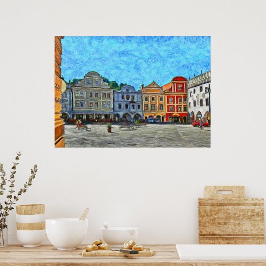 Uitzicht van het stadsplein in Krumlov. Poster (Keuken)