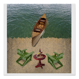 Uitzicht van het strand met wijn- en kaaslekkernij perfect poster