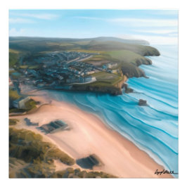 Uitzicht van het strand van Cornish en schilderij Foto Afdruk
