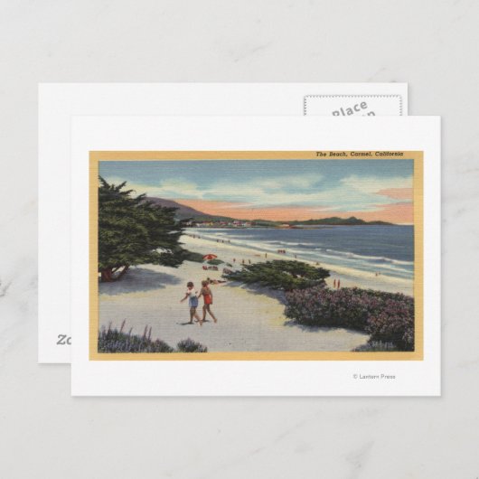 Uitzicht van het strand, zonnebaders die lopen briefkaart (Voorkant / Achterkant)