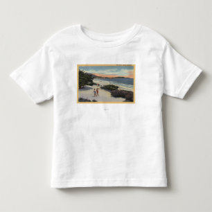 Uitzicht van het strand, zonnebaders die lopen kinder shirts