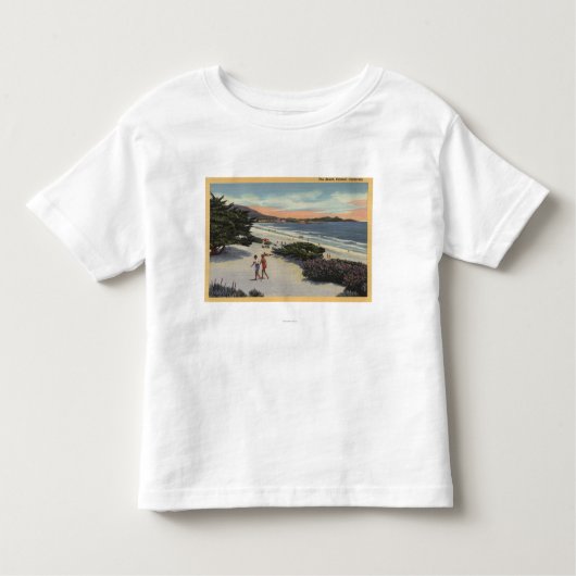 Uitzicht van het strand, zonnebaders die lopen kinder shirts (Voorkant)