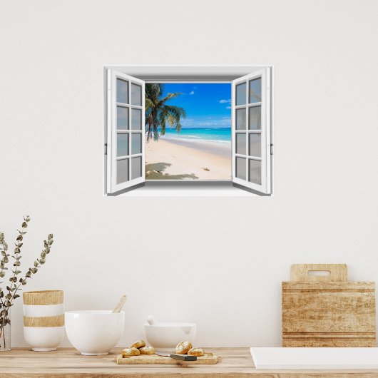 Uitzicht van het venster Tropisch balkvenster 3D Poster (Keuken)