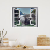 Uitzicht van het watervalgebergte Faux-venster Poster (Keuken)