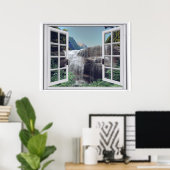 Uitzicht van het watervalgebergte Faux-venster Poster (Thuiskantoor)