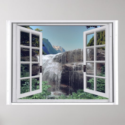 Uitzicht van het watervalgebergte Faux-venster Poster (Voorkant)
