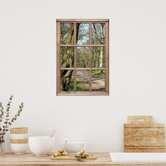 Uitzicht van hout uit een venster poster (Keuken)