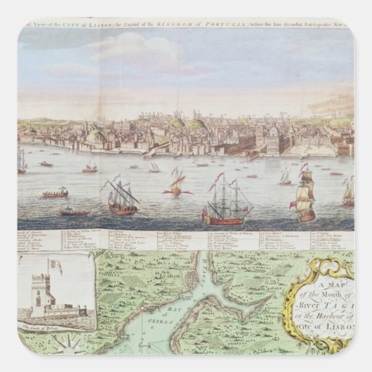 Uitzicht van Lissabon, 1755 Vierkante Sticker (Voorkant)