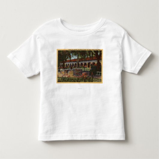Uitzicht van missie, Memory Garden, Serra Statue Kinder Shirts (Voorkant)