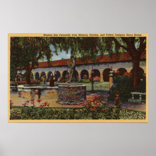 Uitzicht van missie, Memory Garden, Serra Statue Poster (Voorkant)