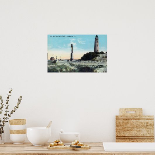 Uitzicht van Old and New LighthouseCape Henry, VA Poster (Keuken)