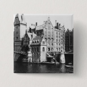 Uitzicht van Speicherstadt Hamburg, c.1910 Vierkante Button 5,1 Cm