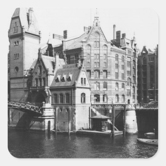 Uitzicht van Speicherstadt Hamburg, c.1910 Vierkante Sticker (Voorkant)